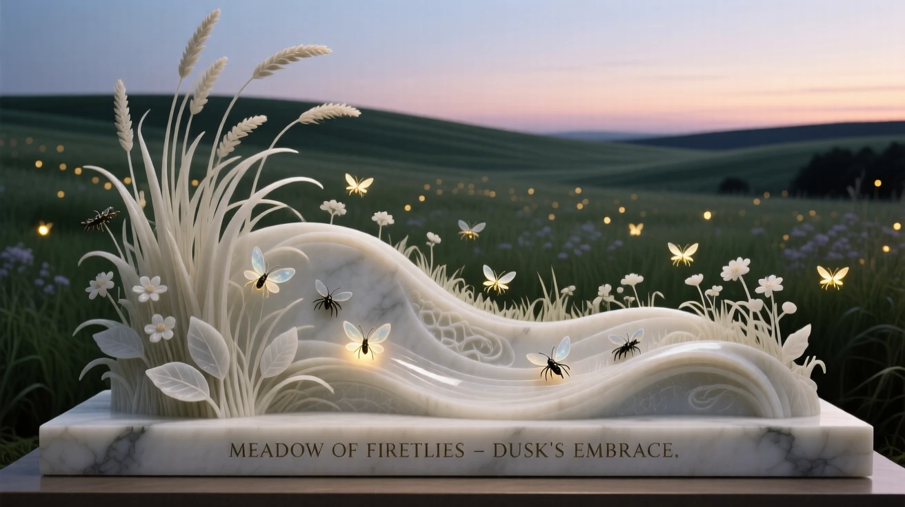 A sweeping, cinematic composition of a meadow filled with fireflies at dusk, capturing the raw beauty of the natural world