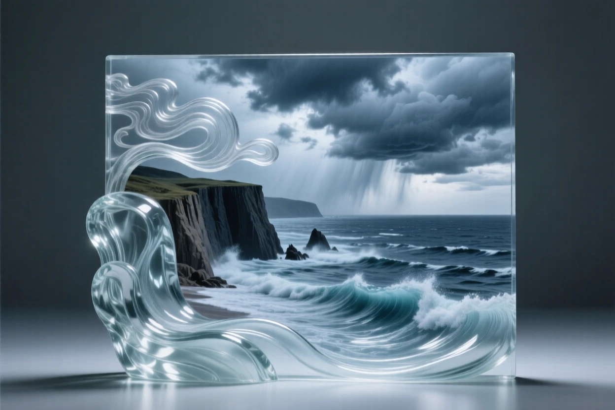 A coastal cliff overlooking a stormy sea under a dramatic sky with shifting clouds, wide panoramic composition, feeling expansive and awe-inspiring.