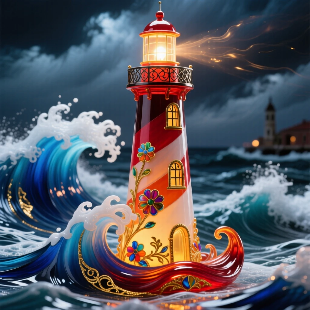 A lighthouse standing resilient against crashing waves during a dramatic storm, powerful and iconic.