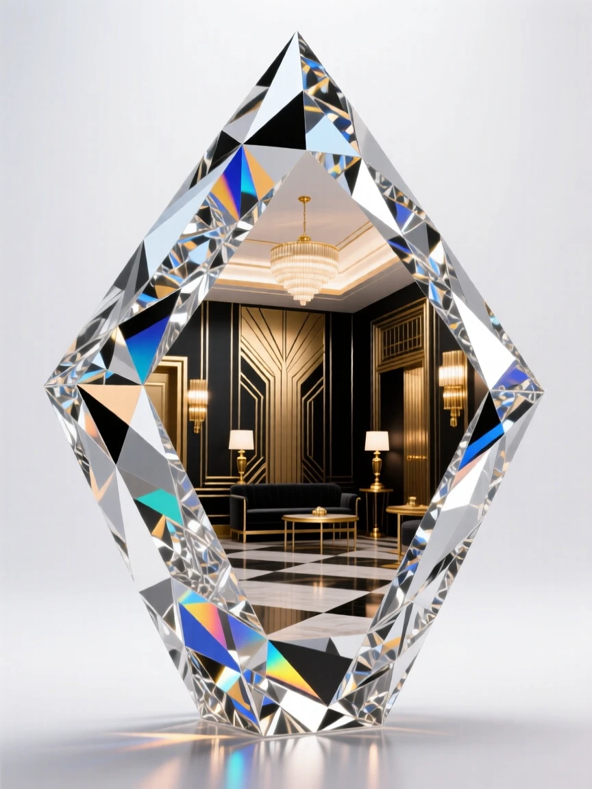 The interior of an art deco hotel lobby with bold geometric patterns and brass fixtures.
