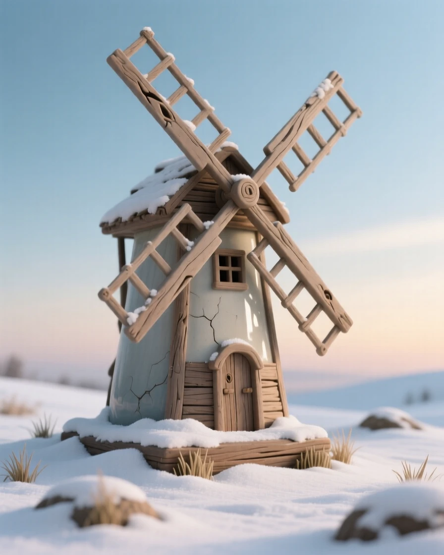 A rustic windmill turning against the sky rising quietly above a still landscape, dusted lightly with fresh snow, stirring a sense of history and enduring beauty.