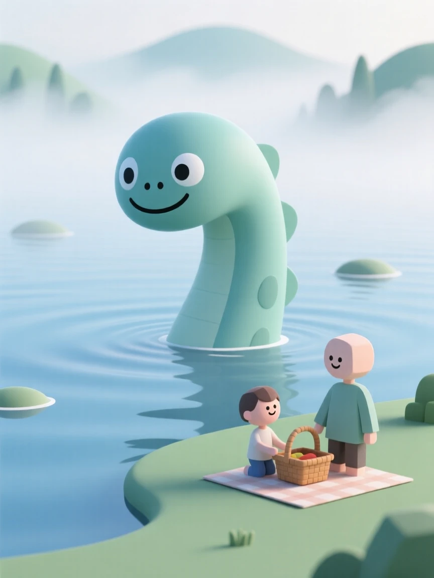A friendly Loch Ness-style lake monster peeks its head above misty water to greet curious picnickers on the shore.