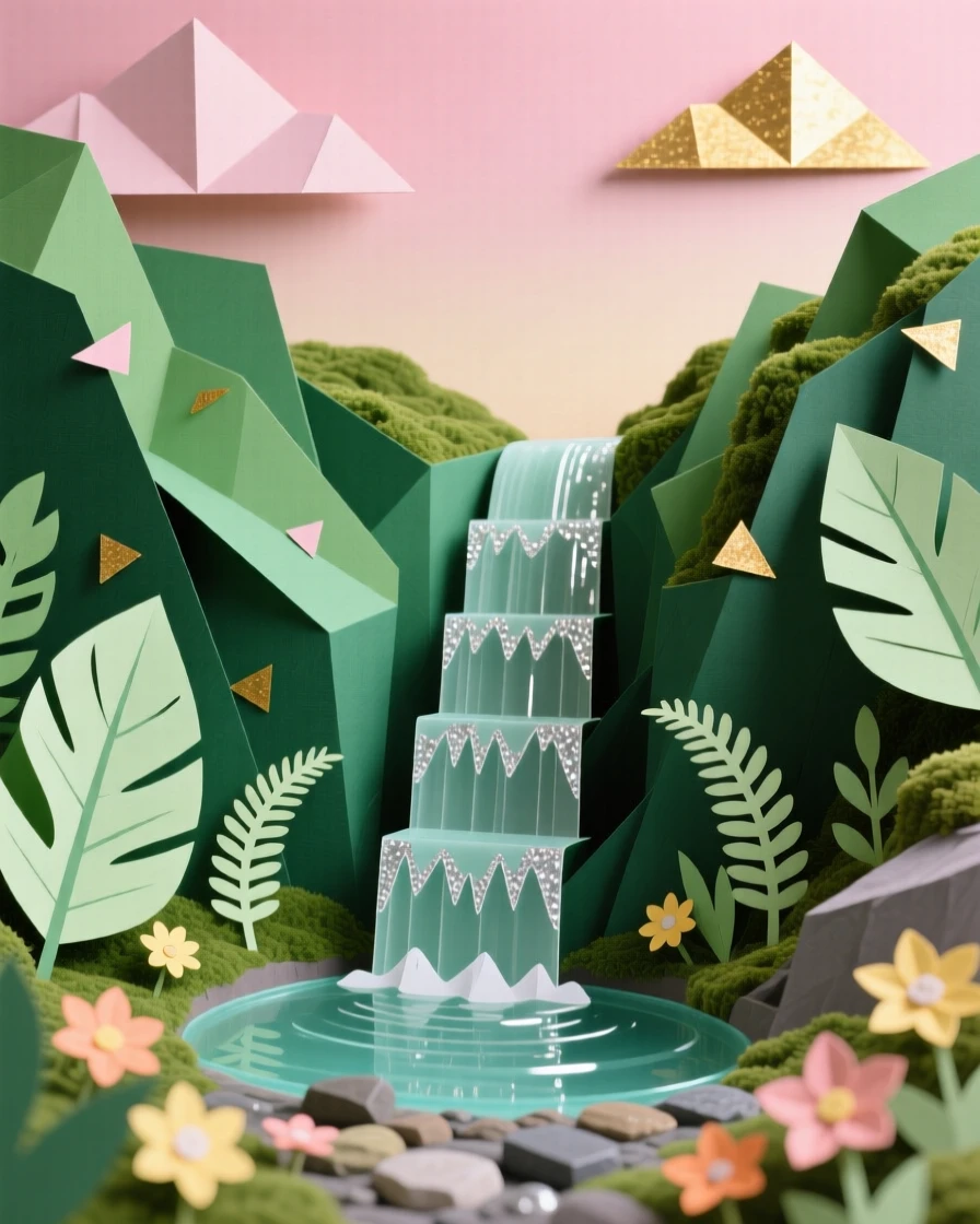 A hidden waterfall in a green ravine under a sky painted with pink and gold, with reflections shimmering on a glassy pool, capturing the fleeting beauty of the changing season.