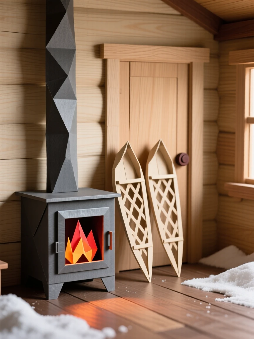A cozy cabin interior with a wood stove crackling and snowshoes leaning by the door.
