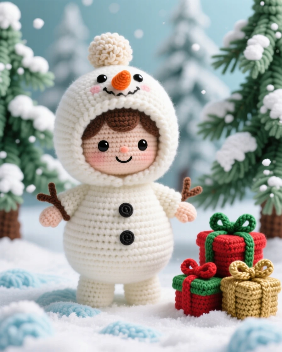 a small child in a snowman costume, with a round padded body, is shown waddling happily through fresh snow in a frosty pine forest dusted with fresh snow beside a small pile of wrapped presents, capturing the joyful anticipation of a favorite season.