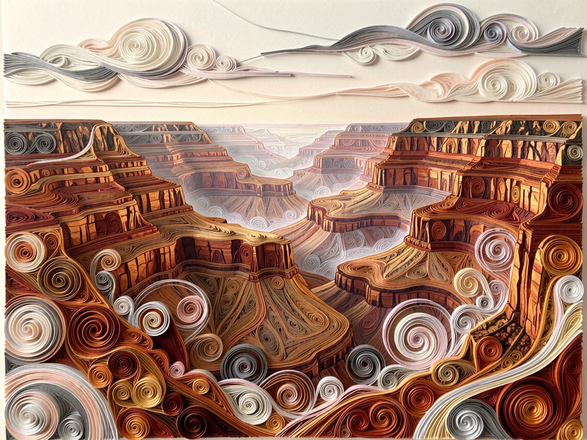 the Grand Canyon layered in warm desert hues, wrapped in gentle morning mist, captured from a sweeping elevated viewpoint, with delicate clouds streaked across the horizon.