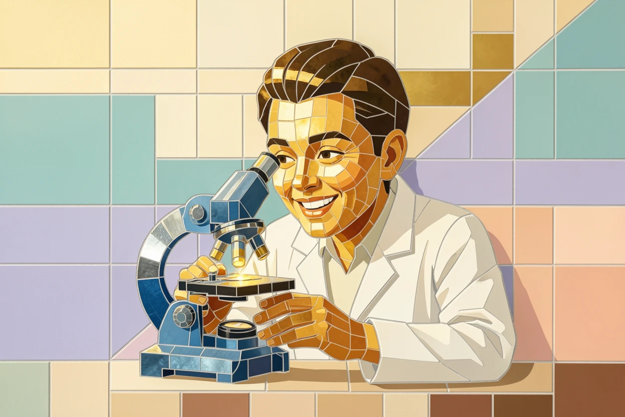 A candid, joyful moment of a scientist peering thoughtfully through a microscope in a bright lab, captured with warm golden light.