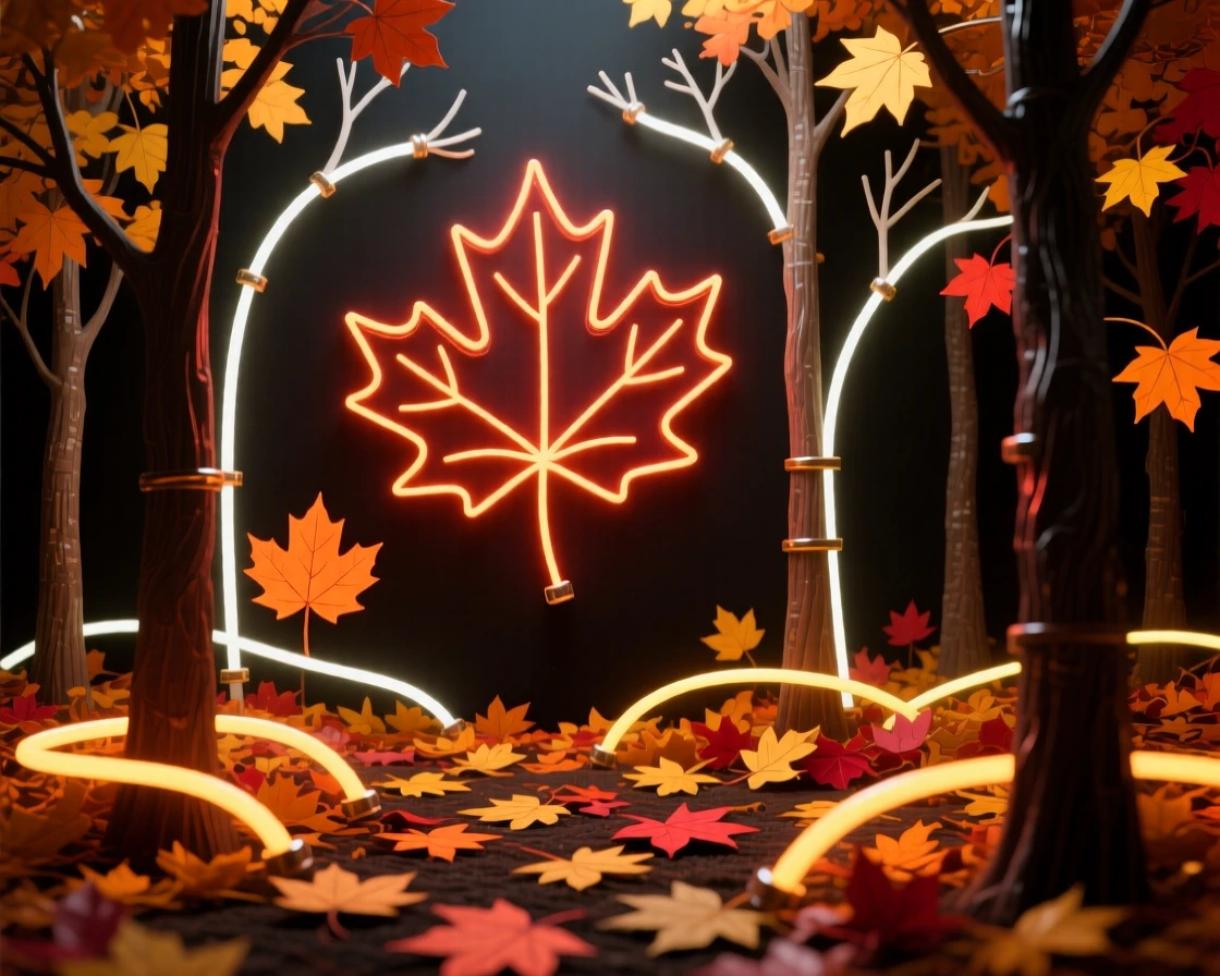 An autumn forest with a carpet of fallen maple leaves.