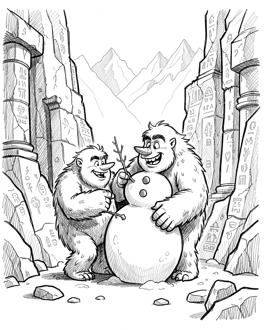 A yeti building a snowman in the mountains in a canyon lined with ancient ruins.