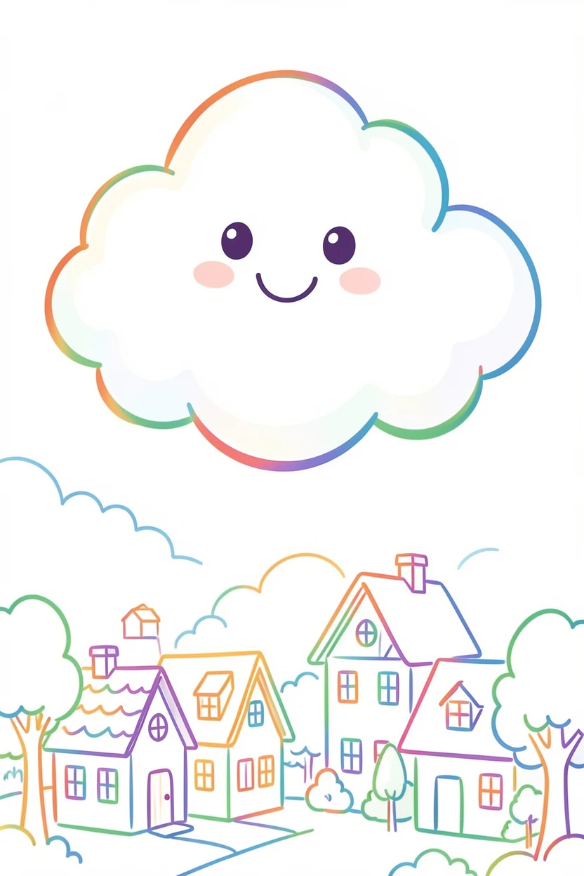 A round, fluffy cloud creature with a smiling face drifting over a village.