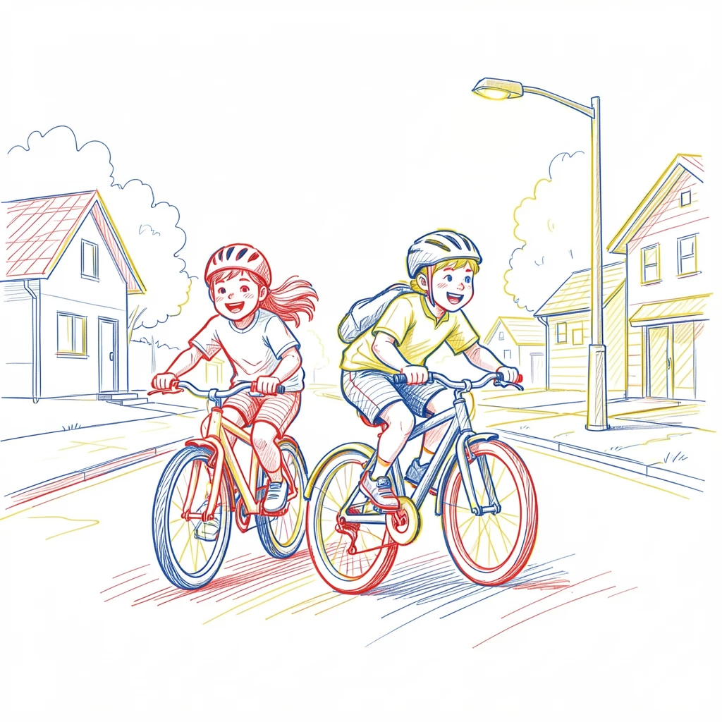 Siblings racing bicycles down a quiet suburban street