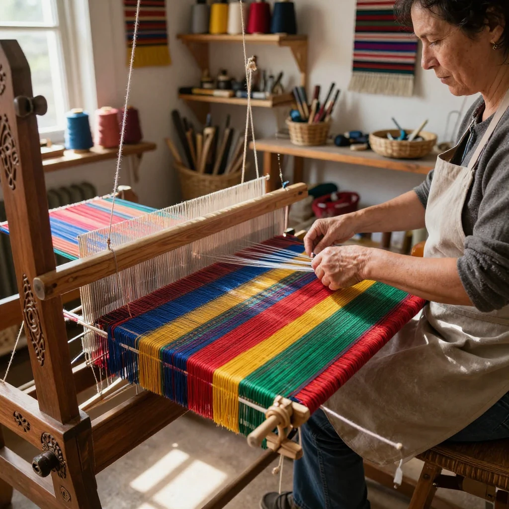A weaver working a traditional loom with colorful threads