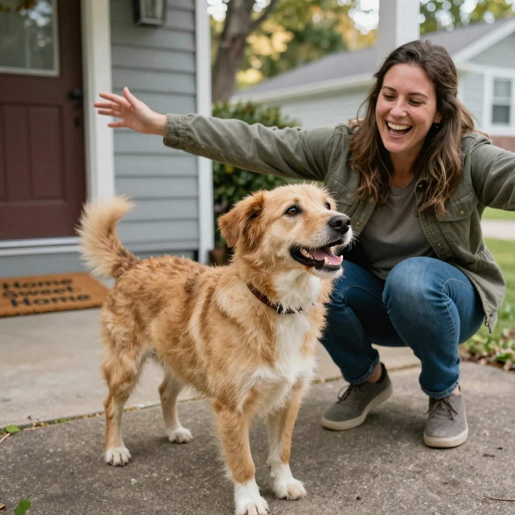 A rescue dog wags its entire body when reunited with its owner after months apart.