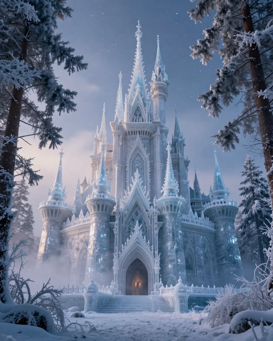 A castle carved from ice and frost standing deep within an enchanted forest