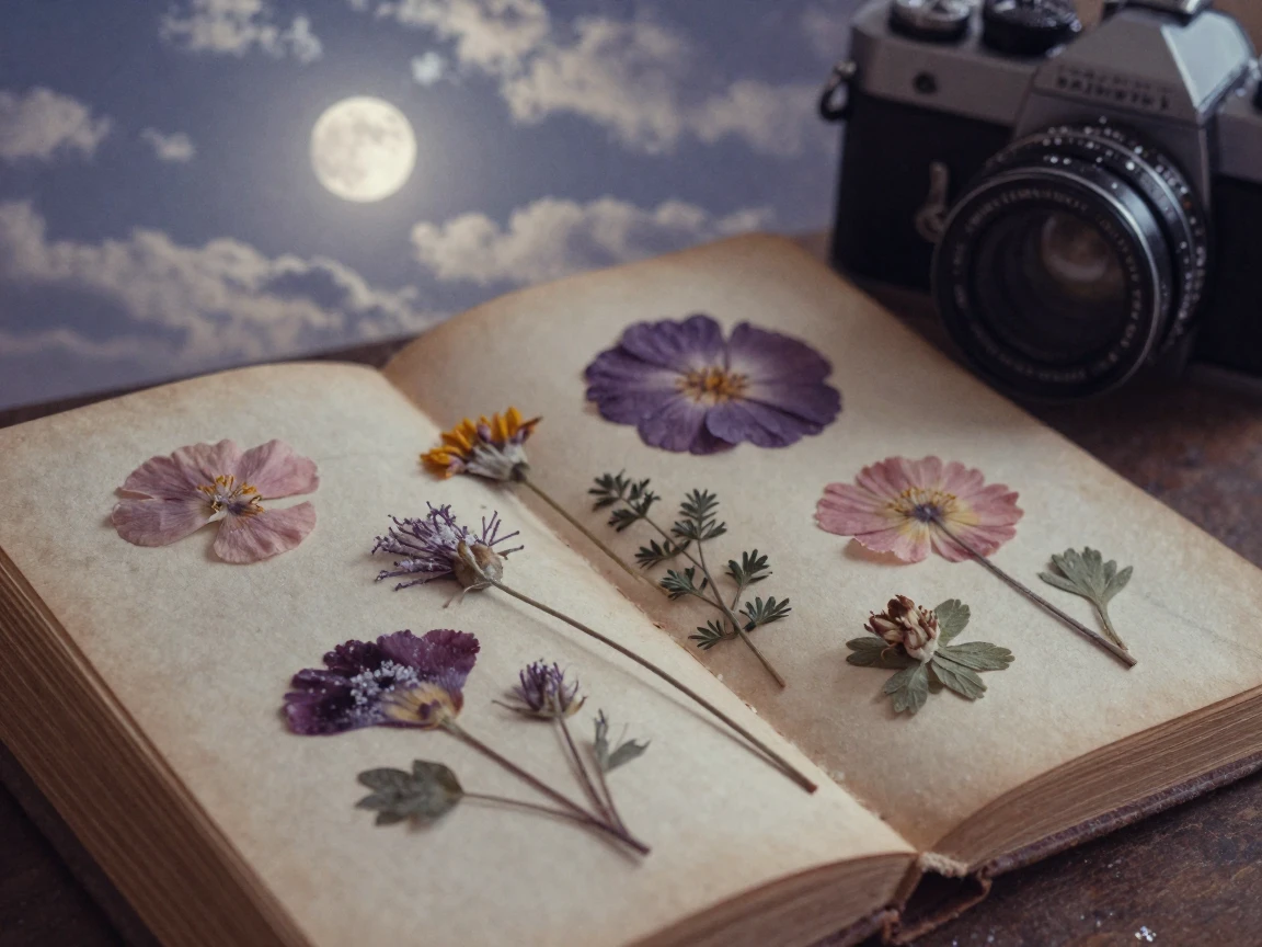 A collection of pressed flowers arranged inside an old book, under moonlight, under scattered clouds, under the first snow of winter, in dusty lavender and rose tones, from a three-quarter angle.