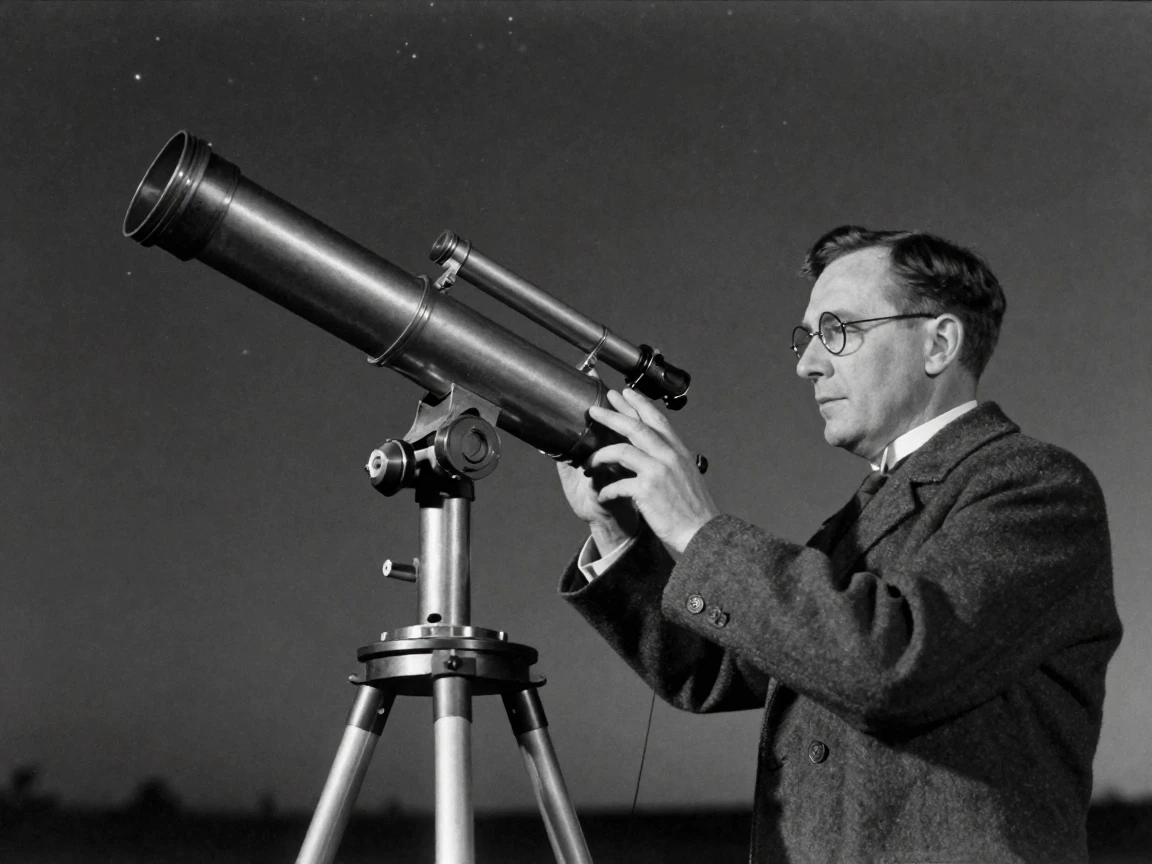 An astronomer adjusts a giant telescope lens beneath a clear night sky.