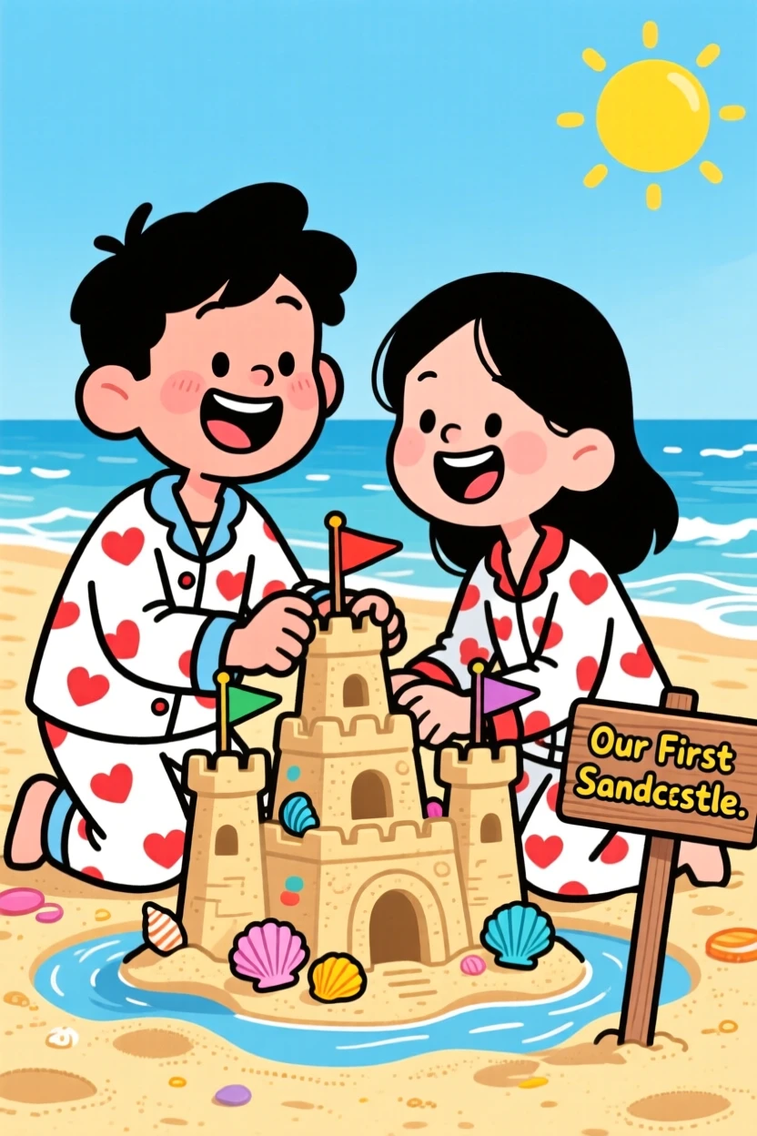 A heartwarming scene of newlyweds building a sandcastle together at the beach, with warm smiles and matching pajamas.