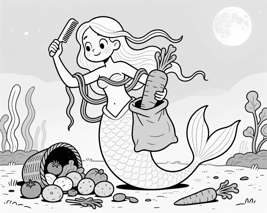 A mermaid tangled in seaweed while combing her hair, stuffing a carrot bigger than its own head into a sack, set in a moonlit vegetable garden. A basket lies overturned, vegetables scattered everywhere. It's a whimsical moment that feels both magical and silly.