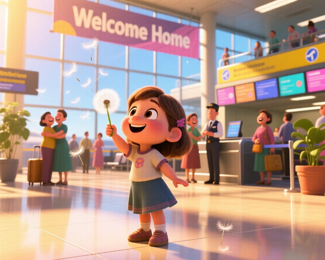 A little girl blowing dandelion seeds into the wind unfolds at a bustling airport arrivals gate, with warm sunlight catching every smile. The mood is triumphant, warm, and full of love.