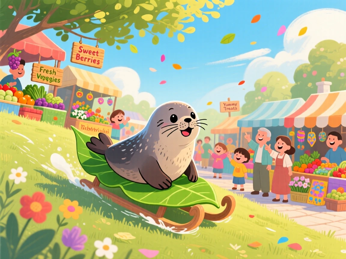 A whiskered seal pup is sledding down a grassy hill on a leaf in a bustling market square, with a warm breeze rustling the branches.