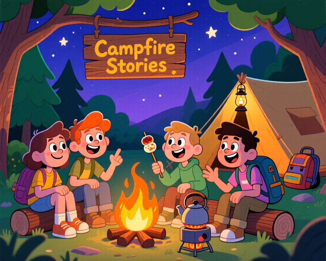 Friends camping together, sharing stories around a fire.