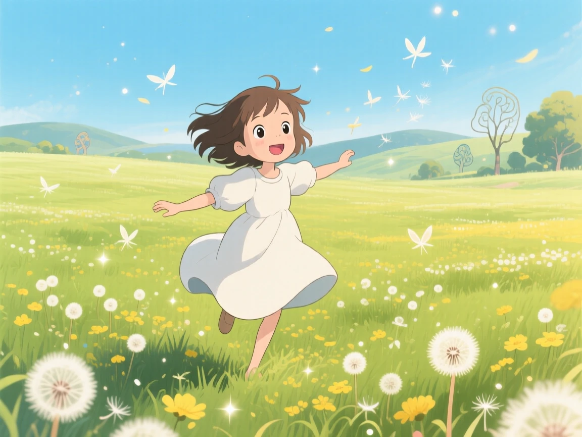 A girl twirling in a field of dandelions, the moment bright with youthful wonder.