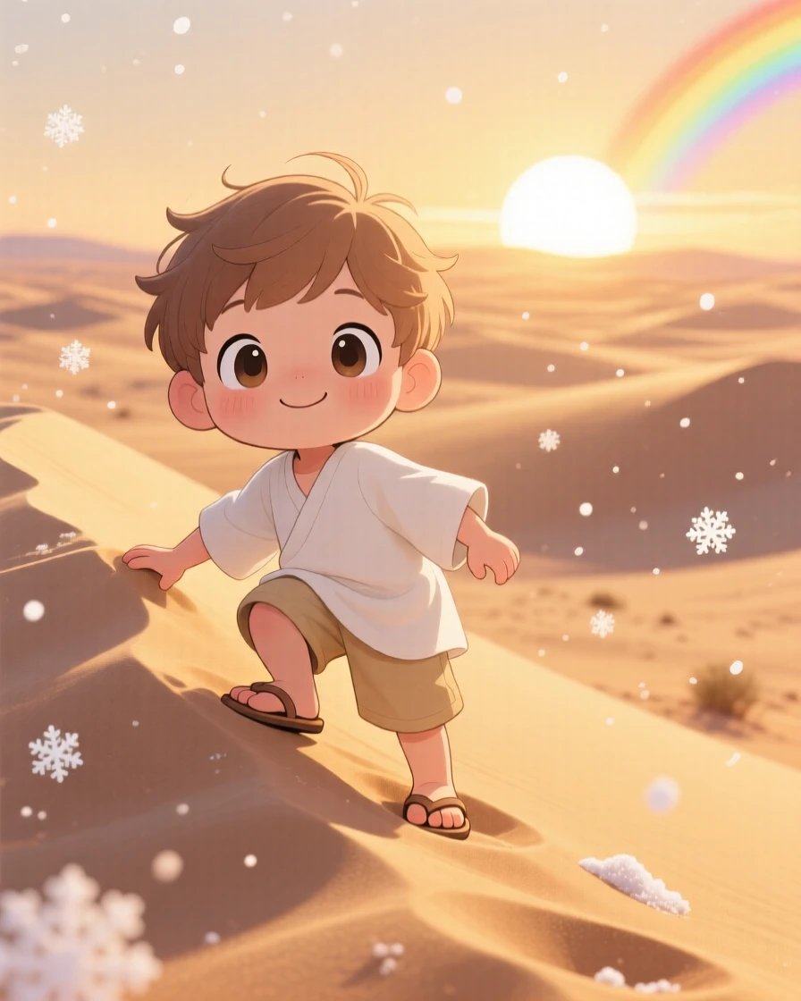 Symmetrical front-on view: a small boy, climbing a gentle sand dune at sunset, set against a golden desert landscape amid softly falling snow, with bright rainbow-tinted light and a mood of sleepy relaxation.