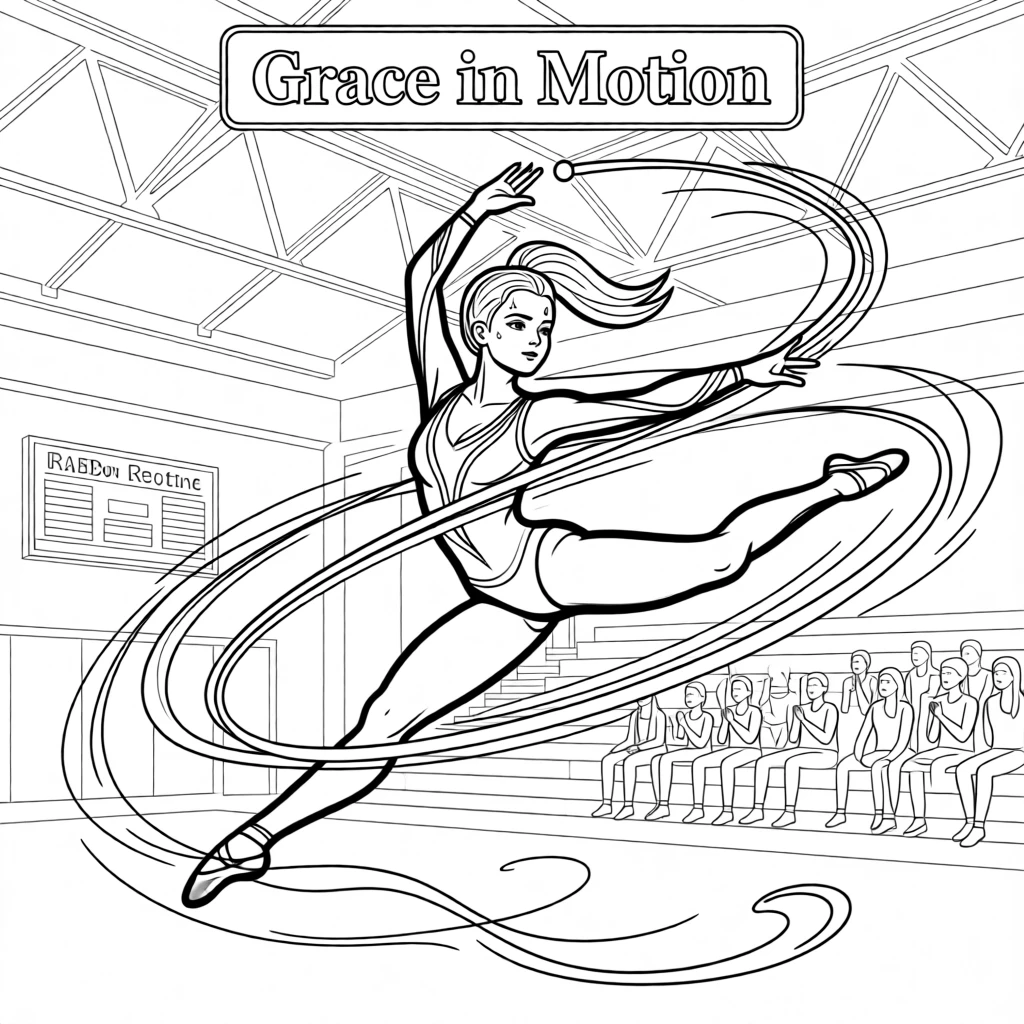 A gymnast performing a ribbon routine mid-air, with sweat and motion lines emphasizing the movement.