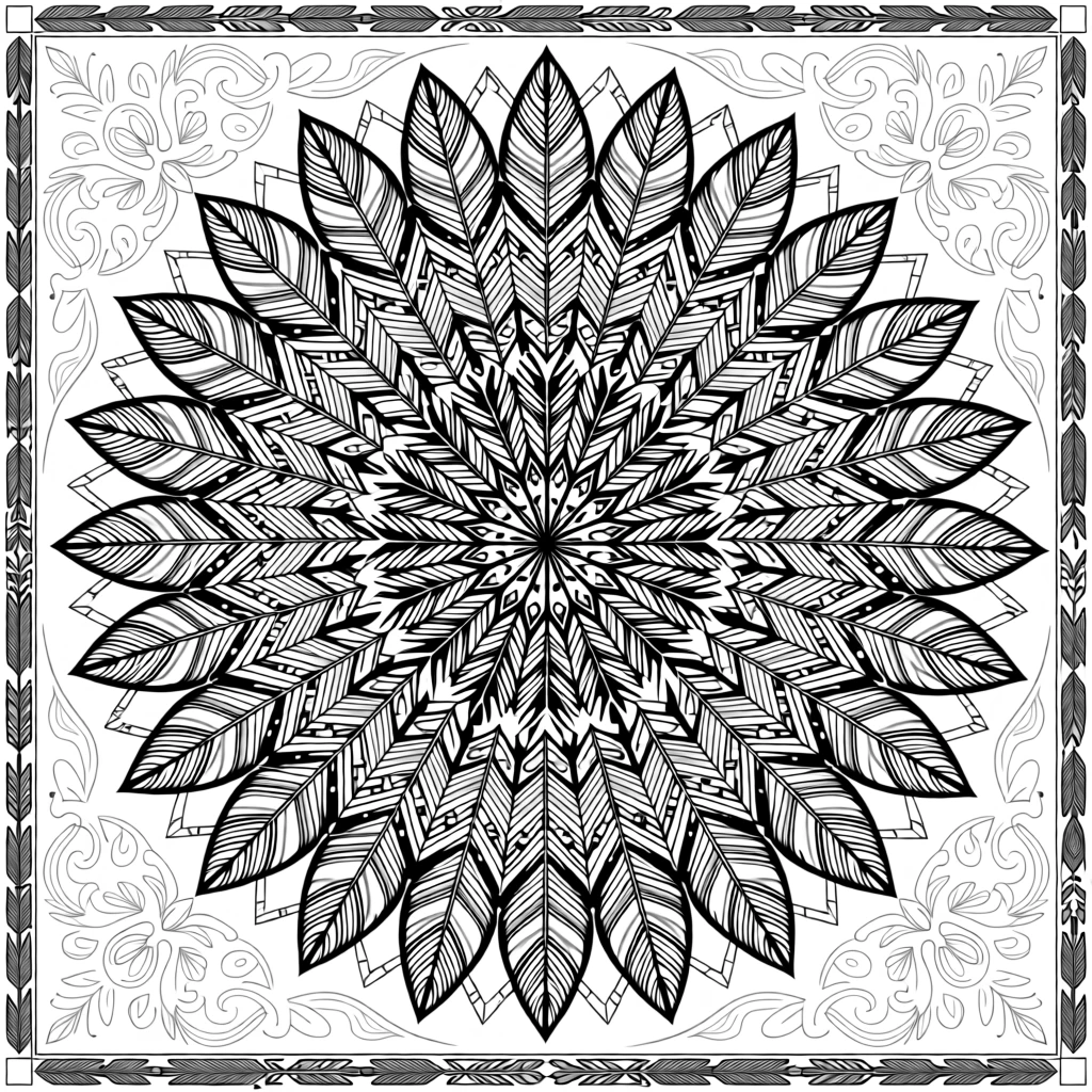 A mandala of nested feather shapes forming a Native American-inspired wheel.