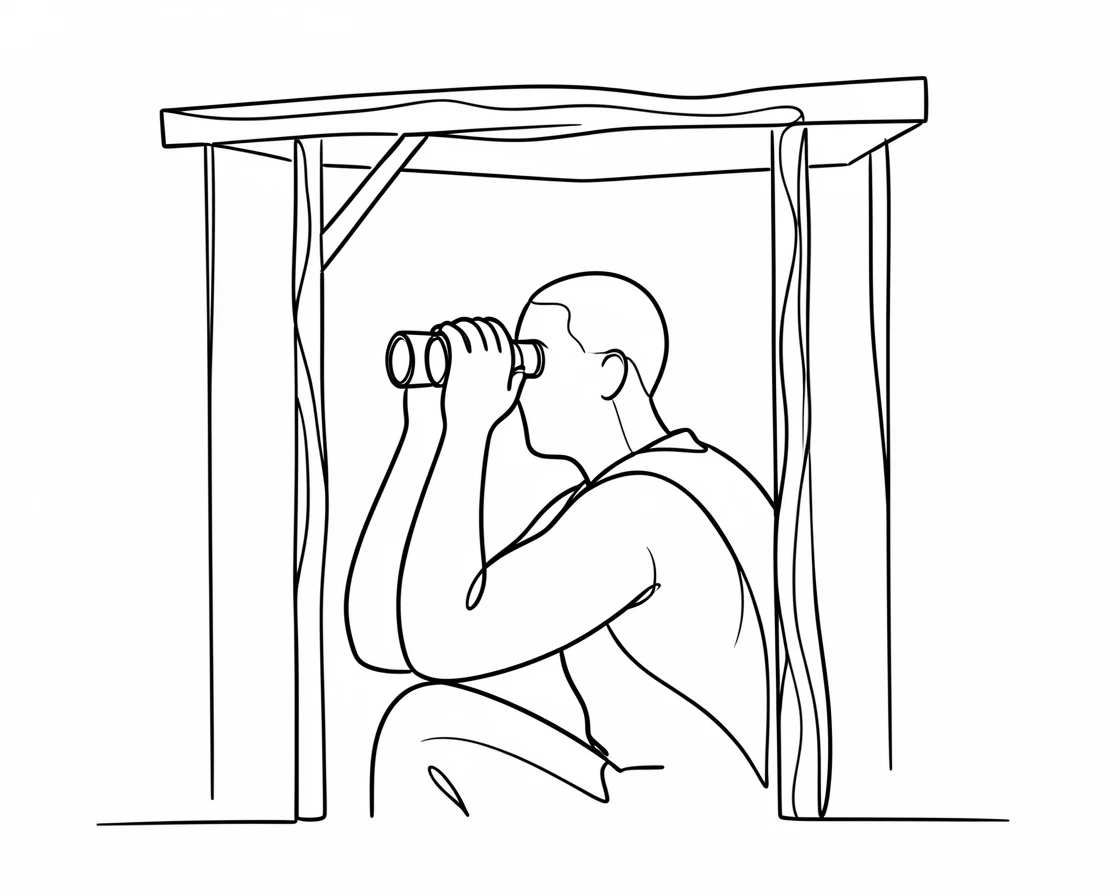 A birdwatcher peering through binoculars from a forest blind