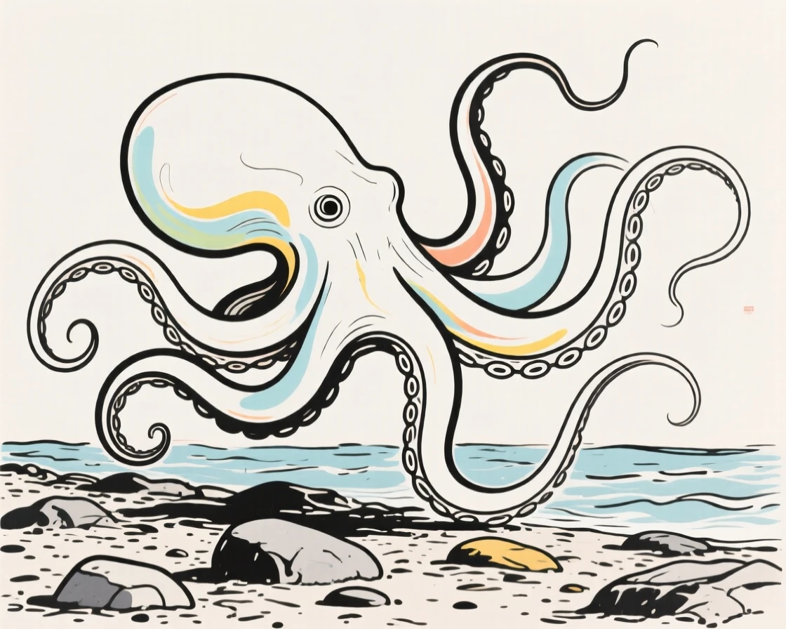 A giant octopus gracefully moving across a rocky ocean floor.
