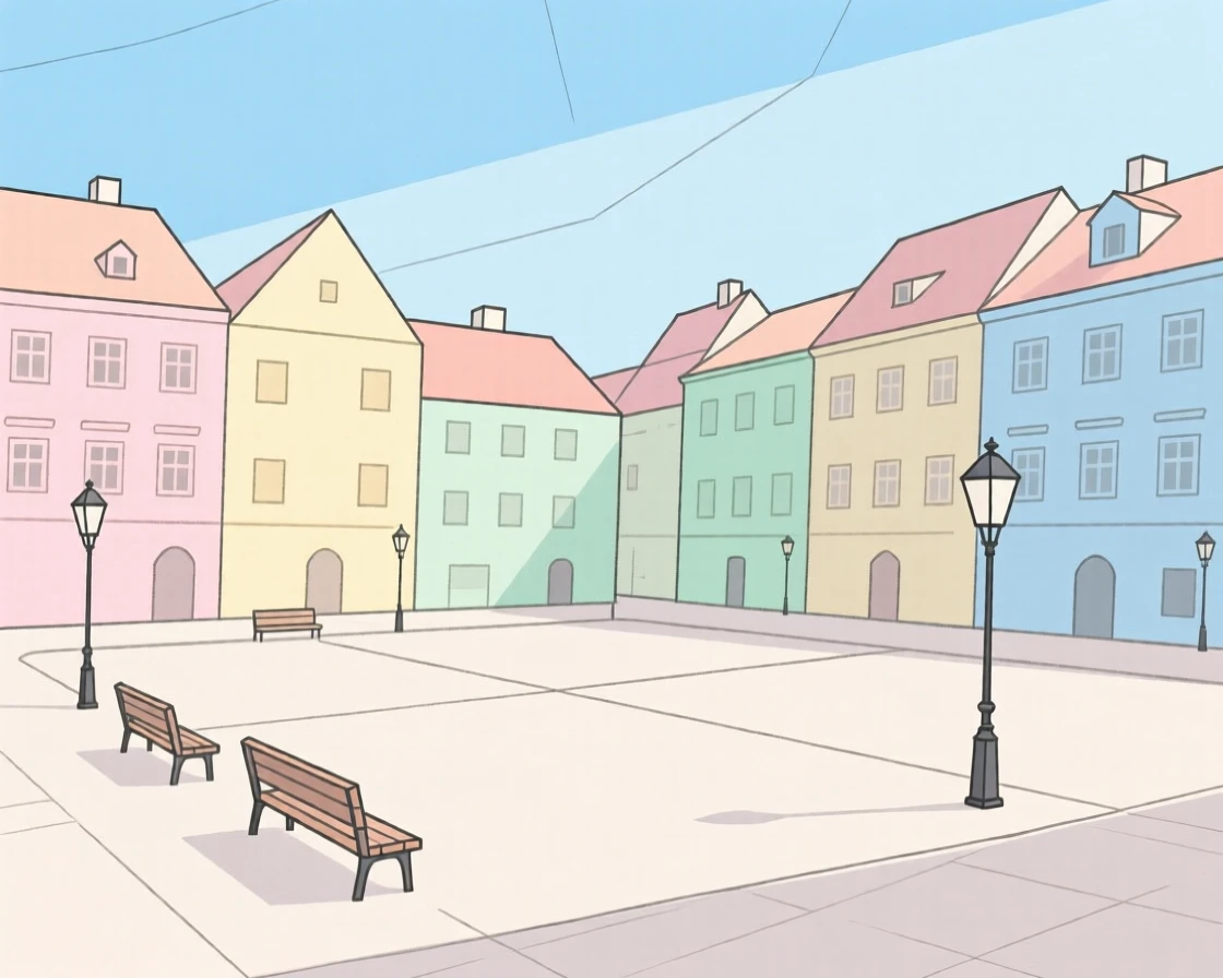 A quiet Prague square surrounded by pastel buildings