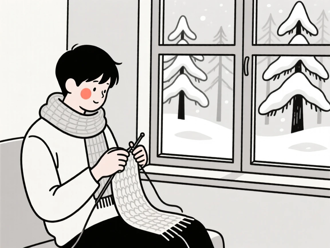 A young man knitting a scarf by a window, in a snow-covered pine forest.