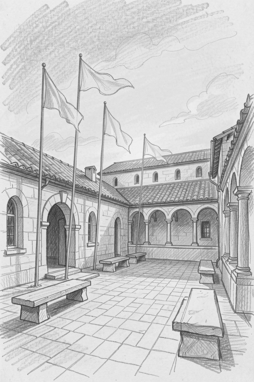 Sweeping architectural view of a quiet monastery courtyard, during a dramatic sunset, with flags gently fluttering in the breeze.