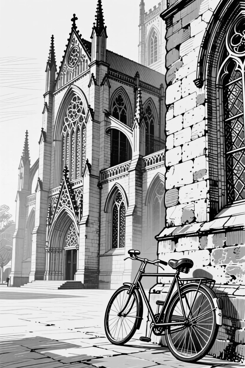 A grand gothic cathedral on a quiet early morning, featuring a bicycle leaning against the wall, rendered in a warmly nostalgic architectural composition.