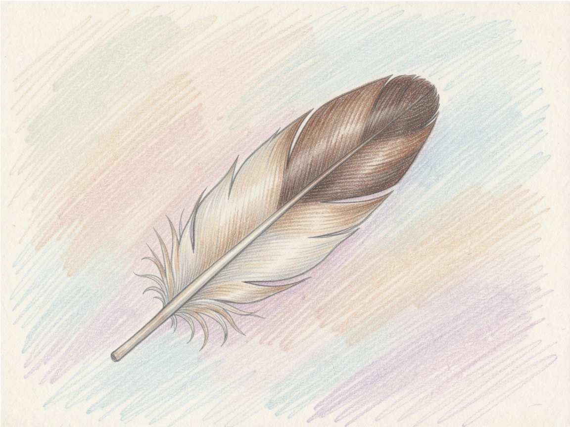 A single feather floating gently on a calm breeze, with gentle, harmonious colors throughout the scene, celebrating stillness, simplicity, and inner peace.