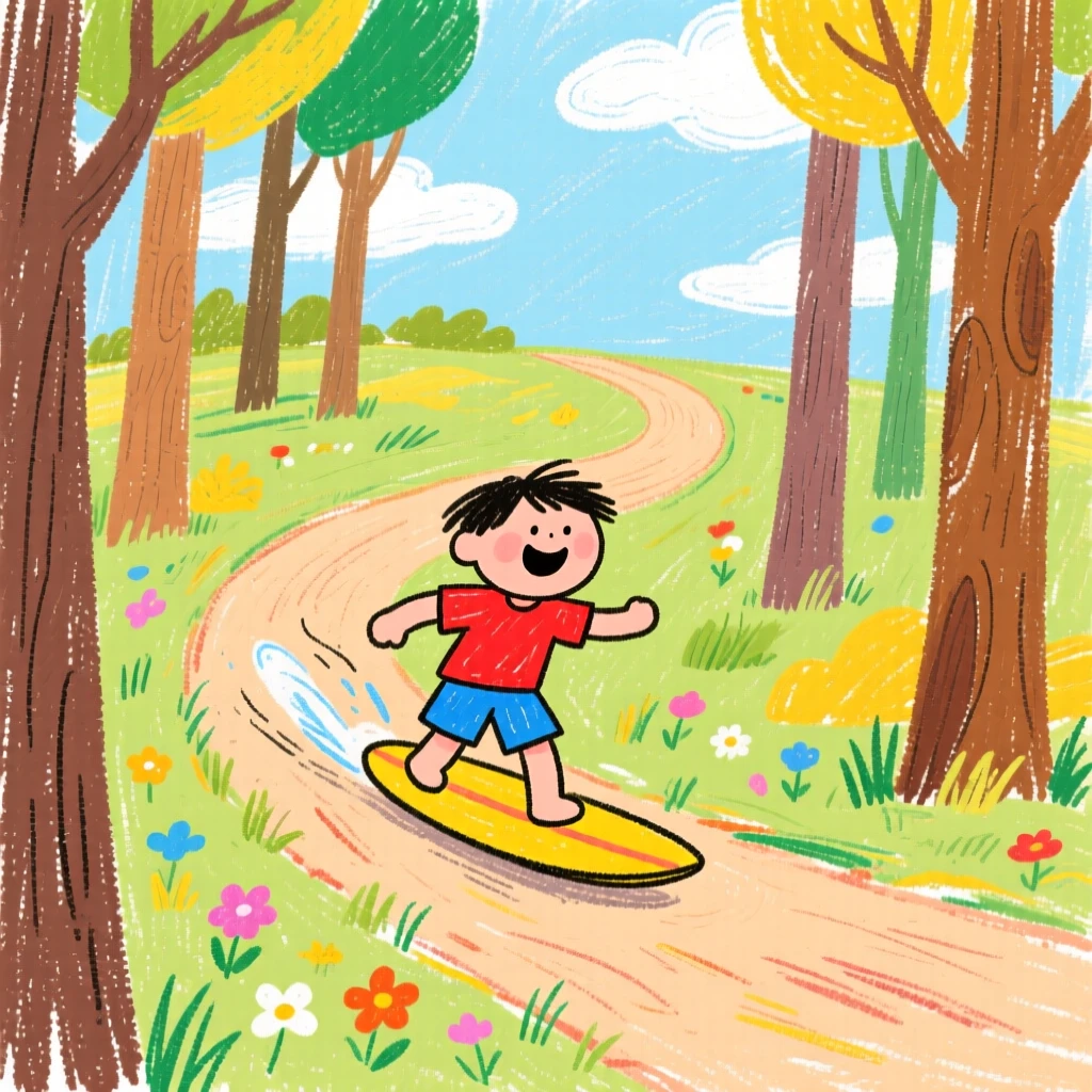 A lone surfer racing along a winding forest path.