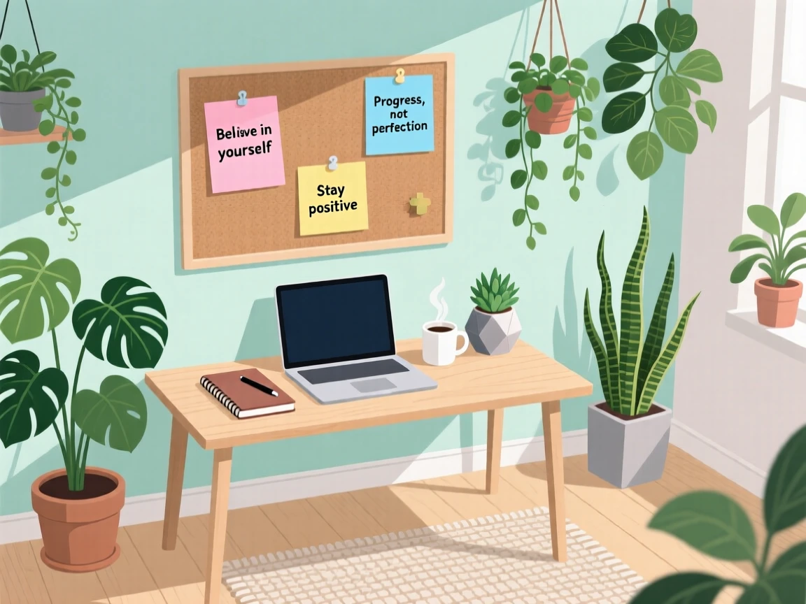 A tidy work-from-home setup with a plant and motivational notes, set within a plant-filled room bursting with greenery, shown from a slightly elevated angle for a cozy overview, with gentle pastel tones evoking calm and comfort.