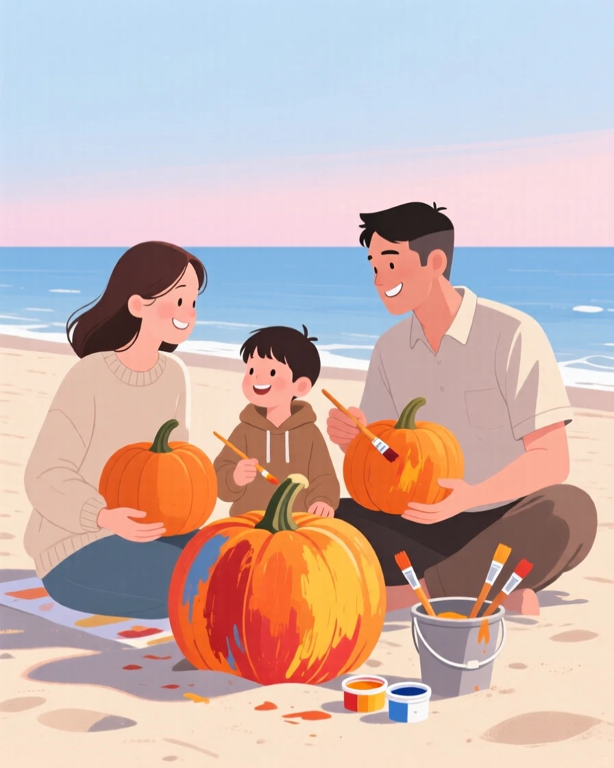 A family painting pumpkins together on the beach.