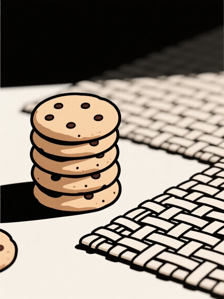 A close-up of batch of fresh cookies arranged beside a woven placemat in a cozy breakfast nook, full of cozy indulgence.