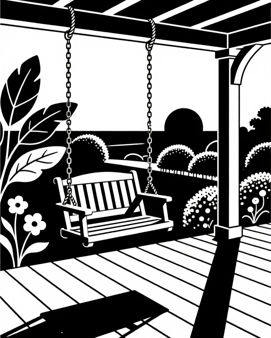 A porch swing overlooking a peaceful garden at dusk.