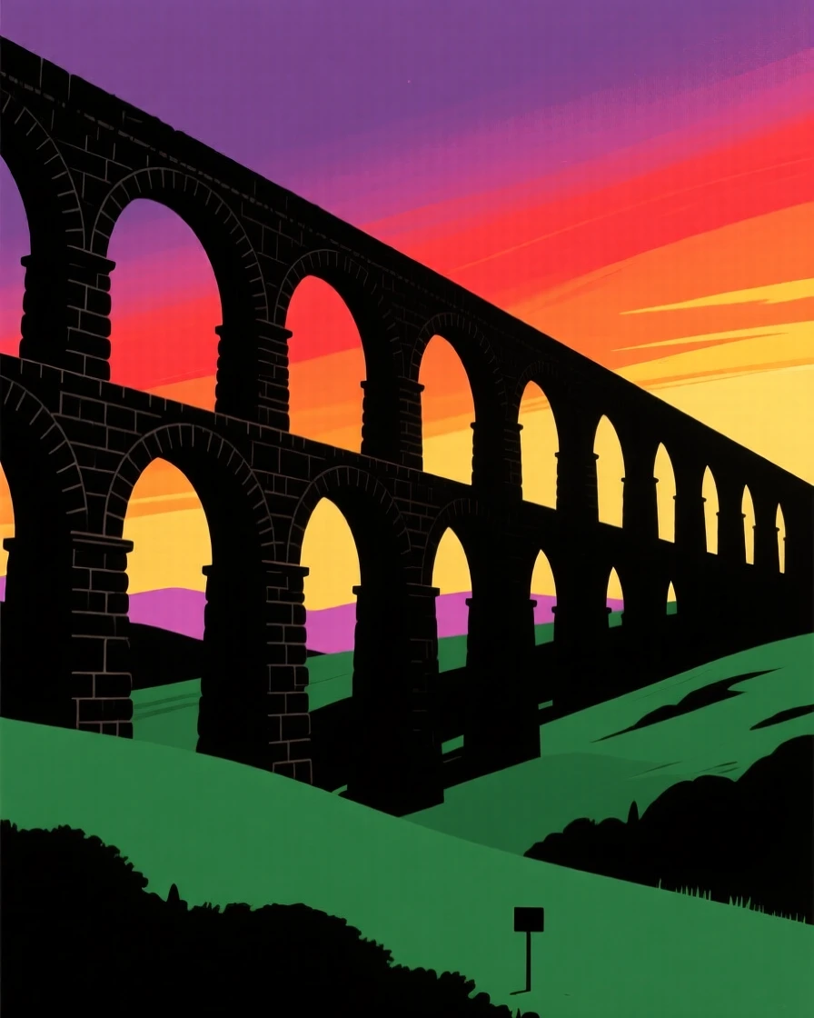 A stone aqueduct arching across a wide green valley.