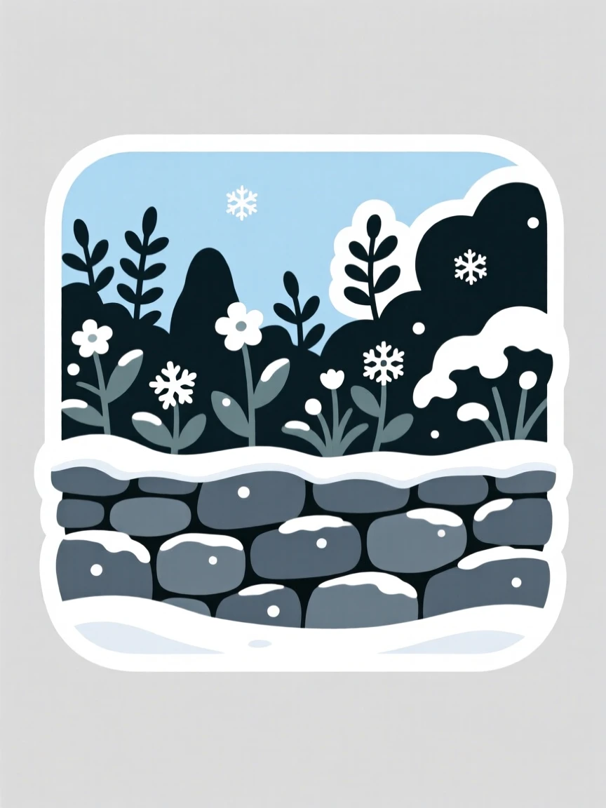 A peaceful secret garden hidden behind a stone wall, dusted with a light layer of fresh snow, on a clear and cloudless day.