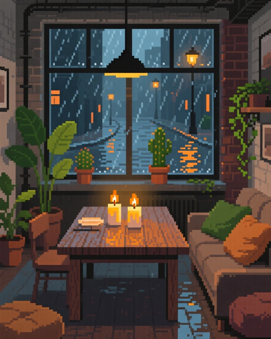 A candlelit dinner table surrounded by potted plants and soft cushions, in a loft apartment above a rainy street.