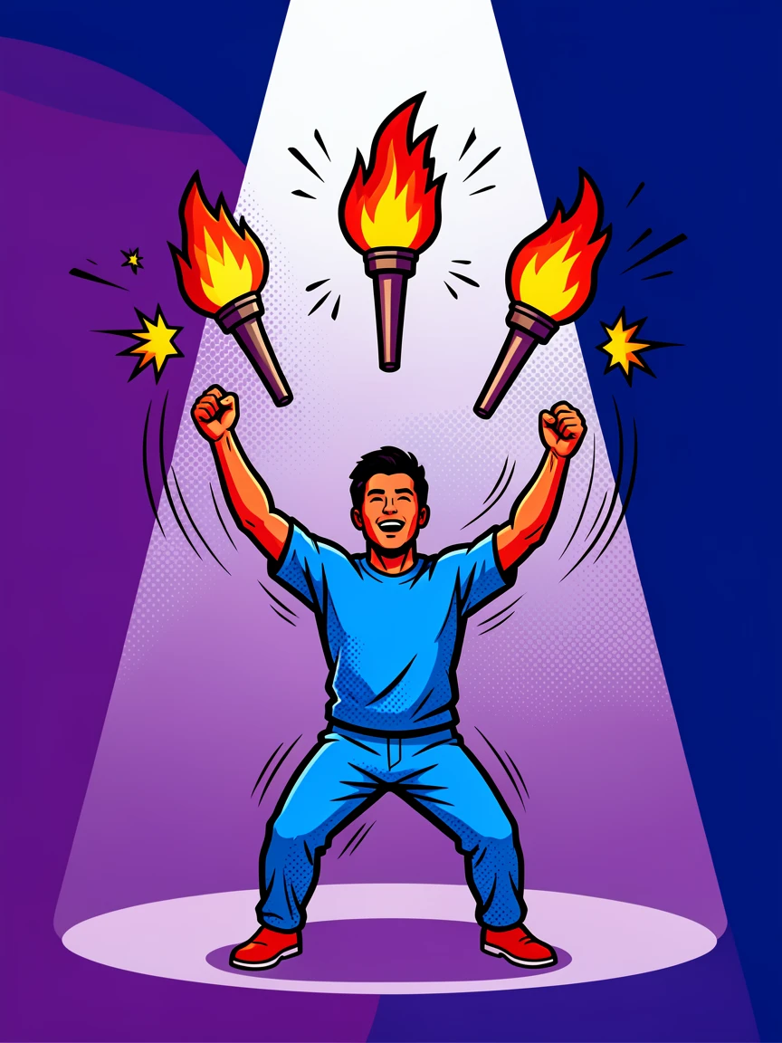 A juggler tossing flaming torches under a spotlight