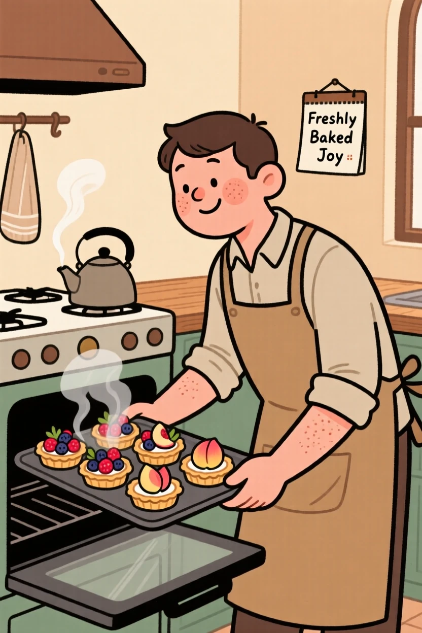 A father pulls a tray of fresh fruit tarts from the oven in a cozy home kitchen, steam rising as a kettle whistles on the stove.