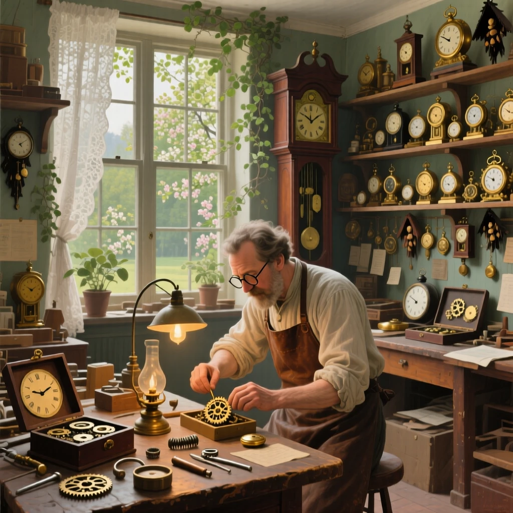 A grand panoramic scene of a cluttered clockmaker's shop with dozens of ticking timepieces, in late spring.
