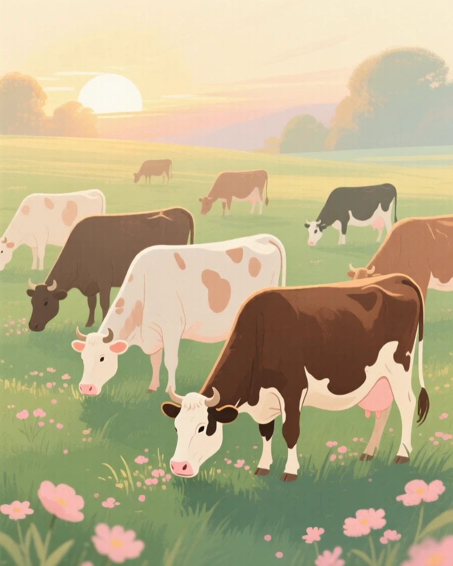 A herd of dairy cows grazing in a green pasture at sunrise