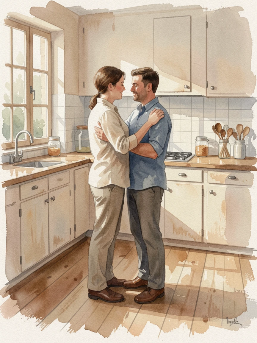 A couple slow dancing in their kitchen in a moment of quiet togetherness.