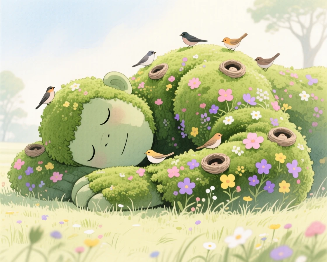 A gentle giant made of moss and flowers naps in a meadow while birds nest in its shoulder